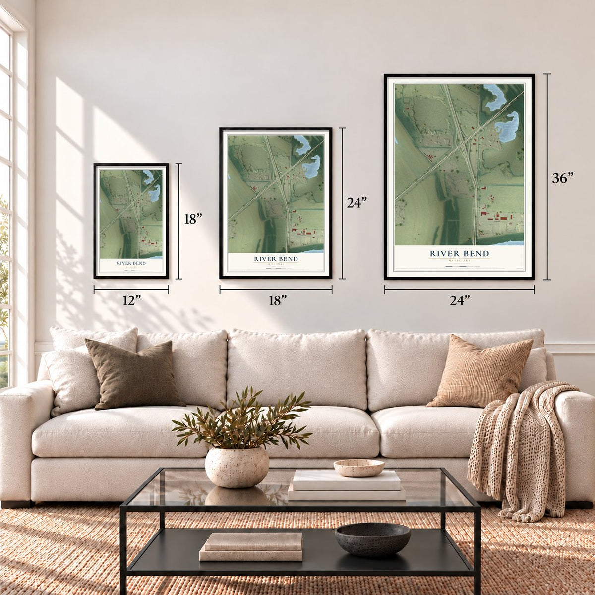 River Bend, Missouri map in 12 x 18, 18 x 24 and 24 x 36 inch sizes above a sofa