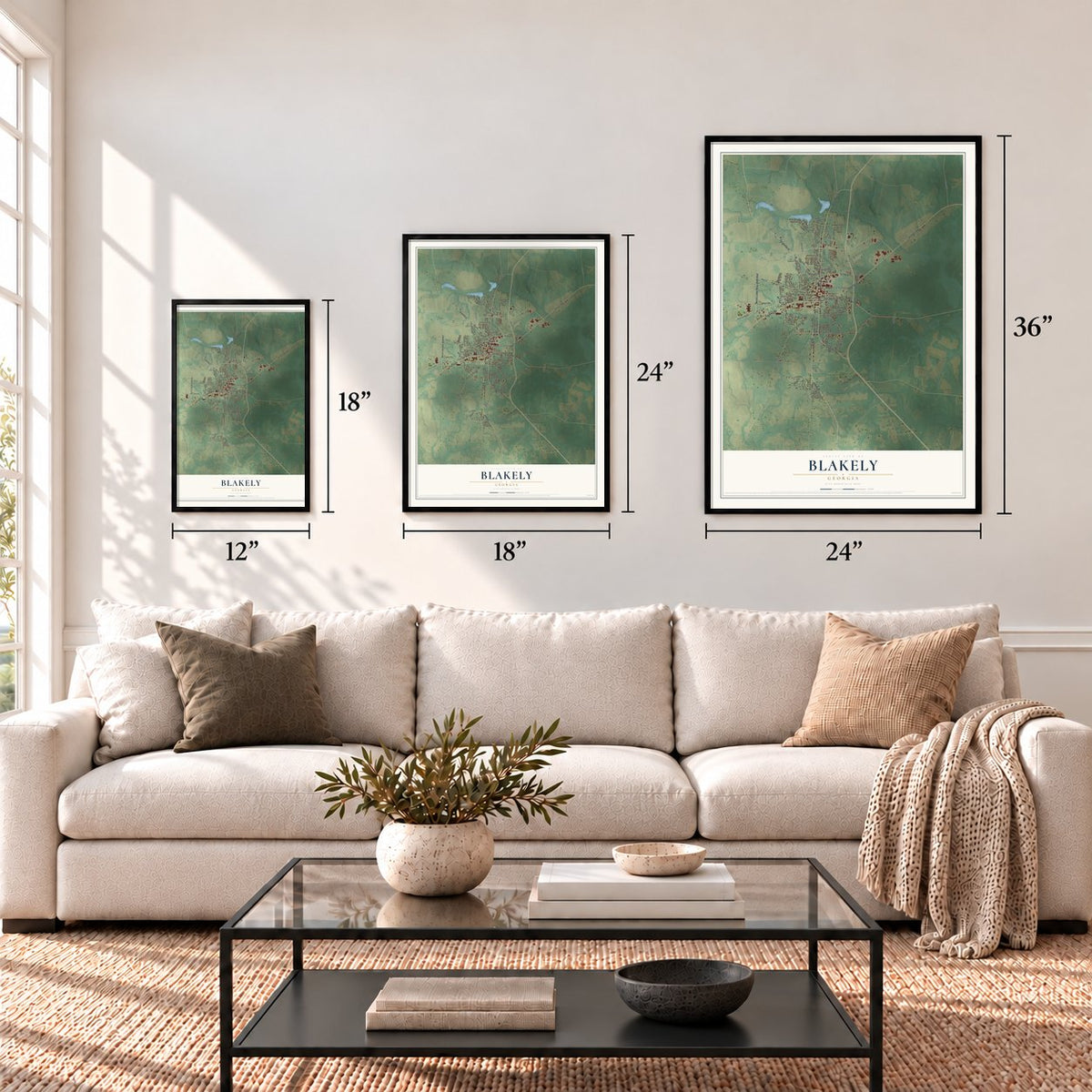 Blakely, Georgia map in 12 x 18, 18 x 24 and 24 x 36 inch sizes above a sofa