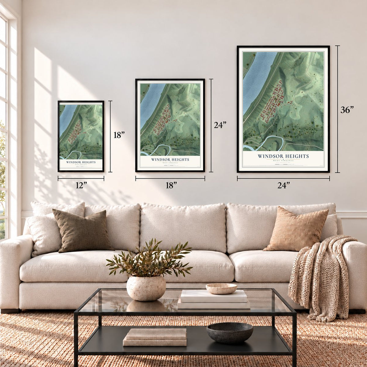 Windsor Heights, West Virginia map in 12 x 18, 18 x 24 and 24 x 36 inch sizes above a sofa
