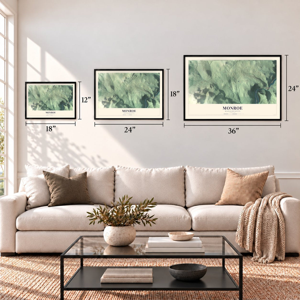 Monroe, Massachusetts map in 12 x 18, 18 x 24 and 24 x 36 inch sizes above a sofa