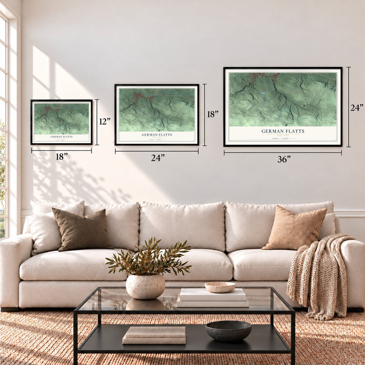 German Flatts, New York map in 12 x 18, 18 x 24 and 24 x 36 inch sizes above a sofa