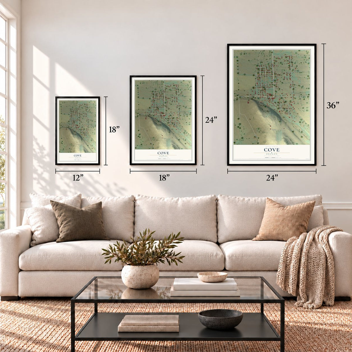 Cove, Oregon map in 12 x 18, 18 x 24 and 24 x 36 inch sizes above a sofa