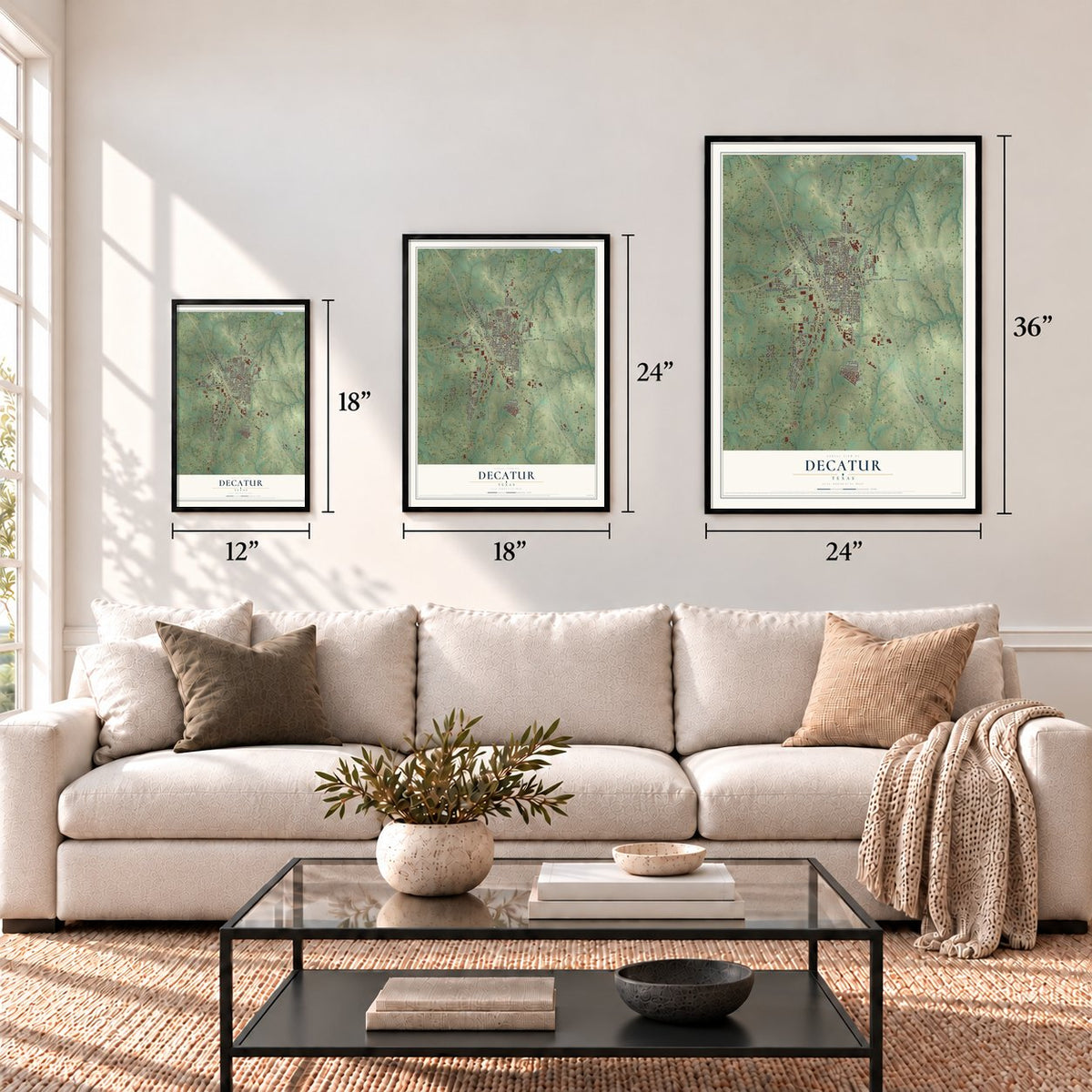 Decatur, Texas map in 12 x 18, 18 x 24 and 24 x 36 inch sizes above a sofa