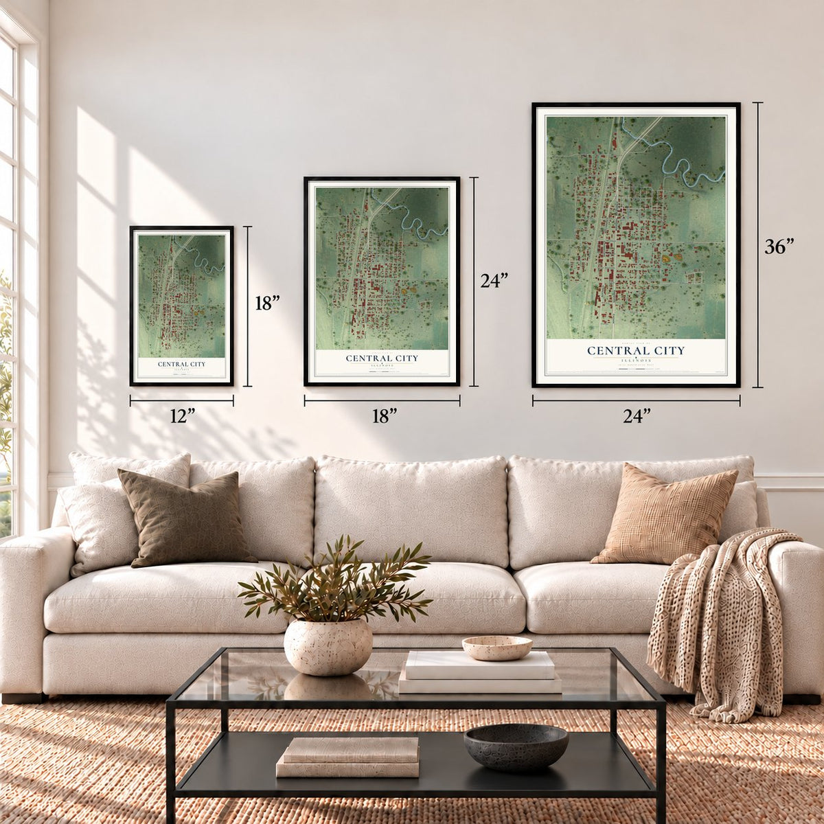 Central City, Illinois map in 12 x 18, 18 x 24 and 24 x 36 inch sizes above a sofa