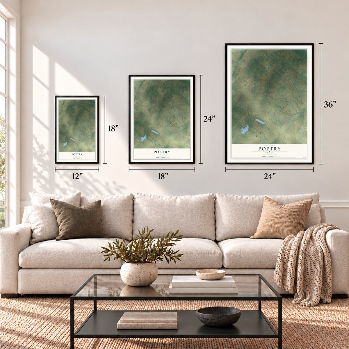 Poetry, Texas map in 12 x 18, 18 x 24 and 24 x 36 inch sizes above a sofa