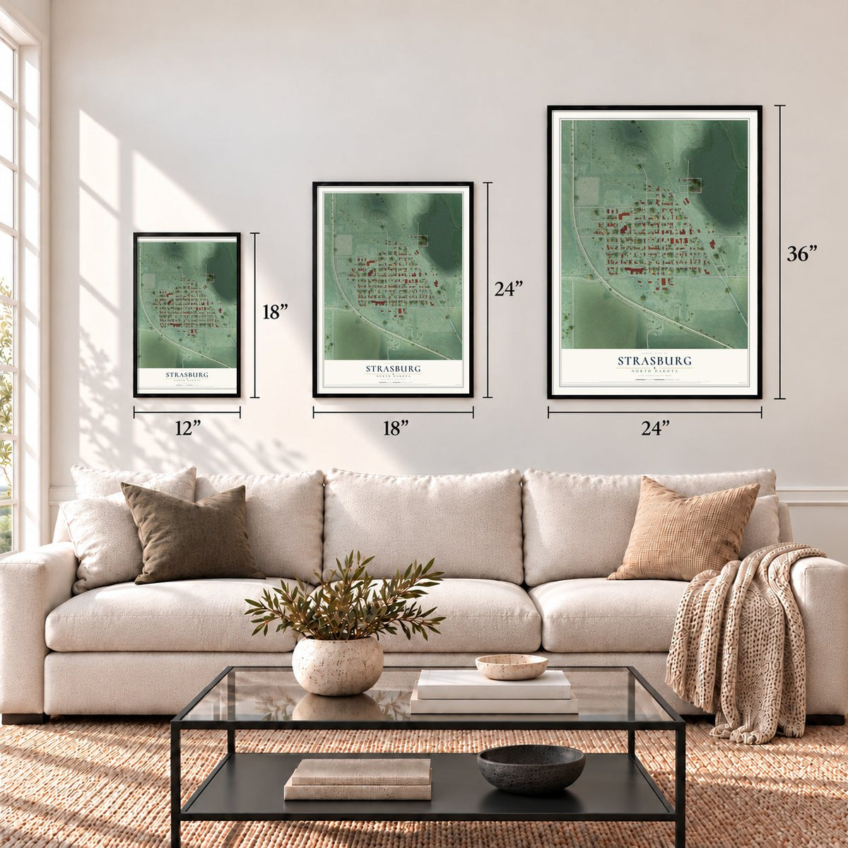Strasburg, North Dakota map in 12 x 18, 18 x 24 and 24 x 36 inch sizes above a sofa