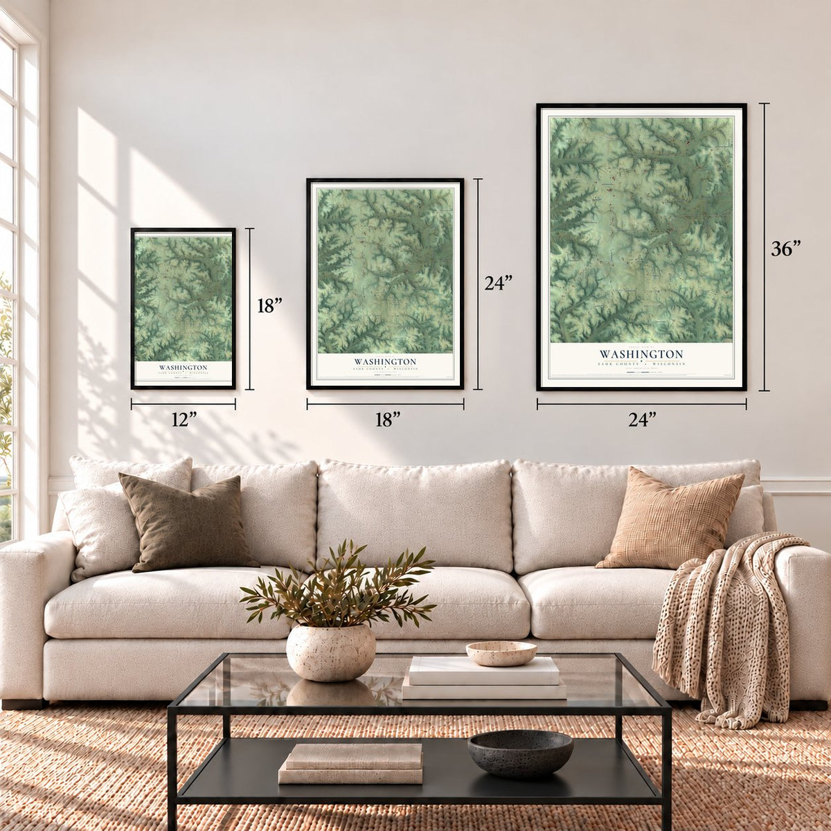 Washington, Sauk County, Wisconsin map in 12 x 18, 18 x 24 and 24 x 36 inch sizes above a sofa