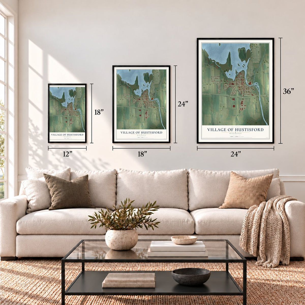 Hustisford, Wisconsin map in 12 x 18, 18 x 24 and 24 x 36 inch sizes above a sofa