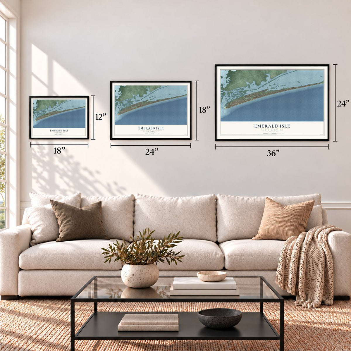 Emerald Isle, North Carolina map in 12 x 18, 18 x 24 and 24 x 36 inch sizes above a sofa