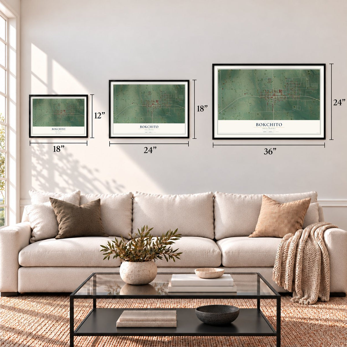 Bokchito, Oklahoma map in 12 x 18, 18 x 24 and 24 x 36 inch sizes above a sofa