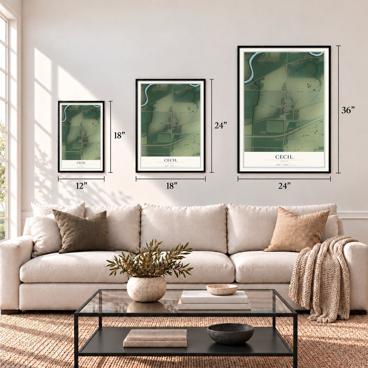 Cecil, Ohio map in 12 x 18, 18 x 24 and 24 x 36 inch sizes above a sofa