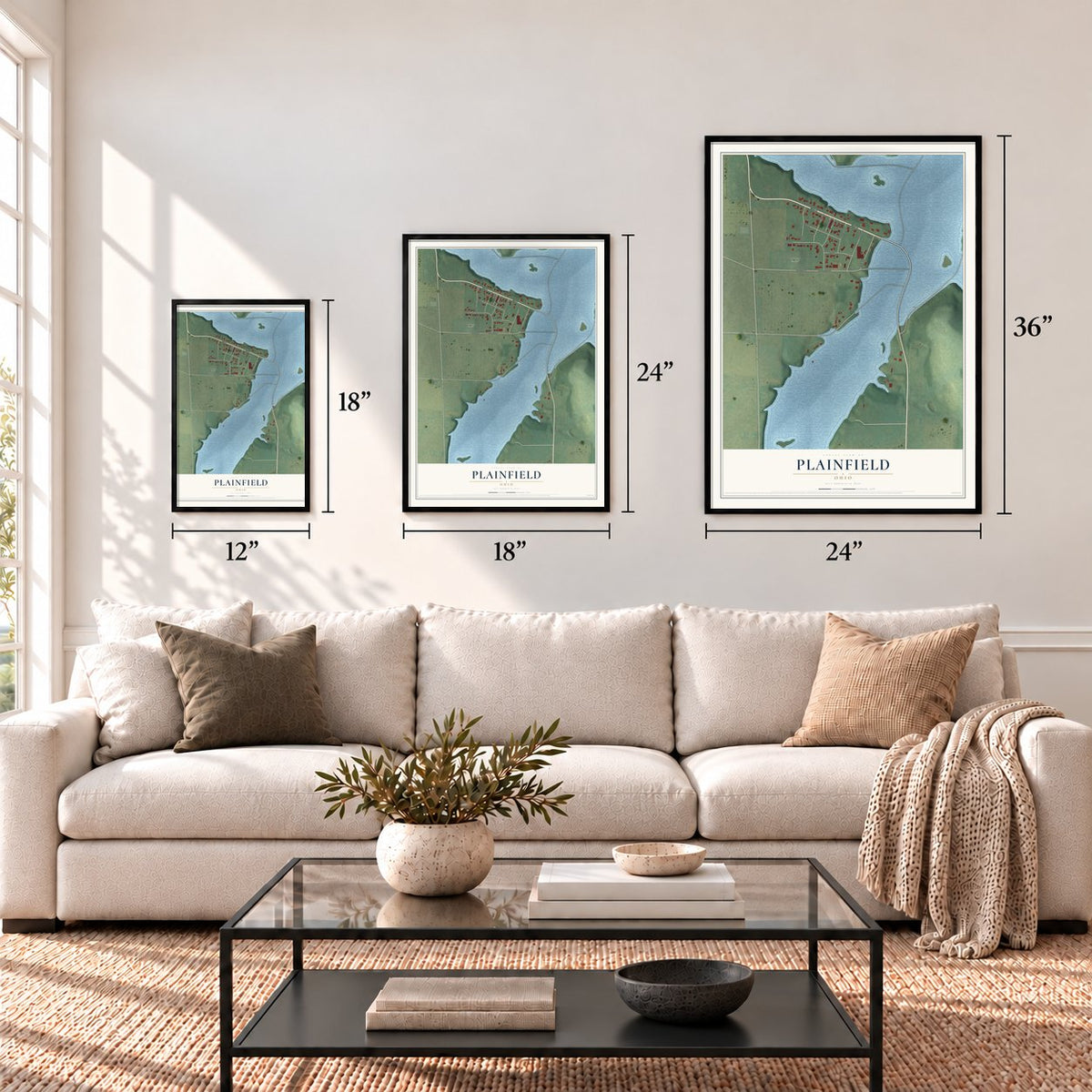 Plainfield, Ohio map in 12 x 18, 18 x 24 and 24 x 36 inch sizes above a sofa