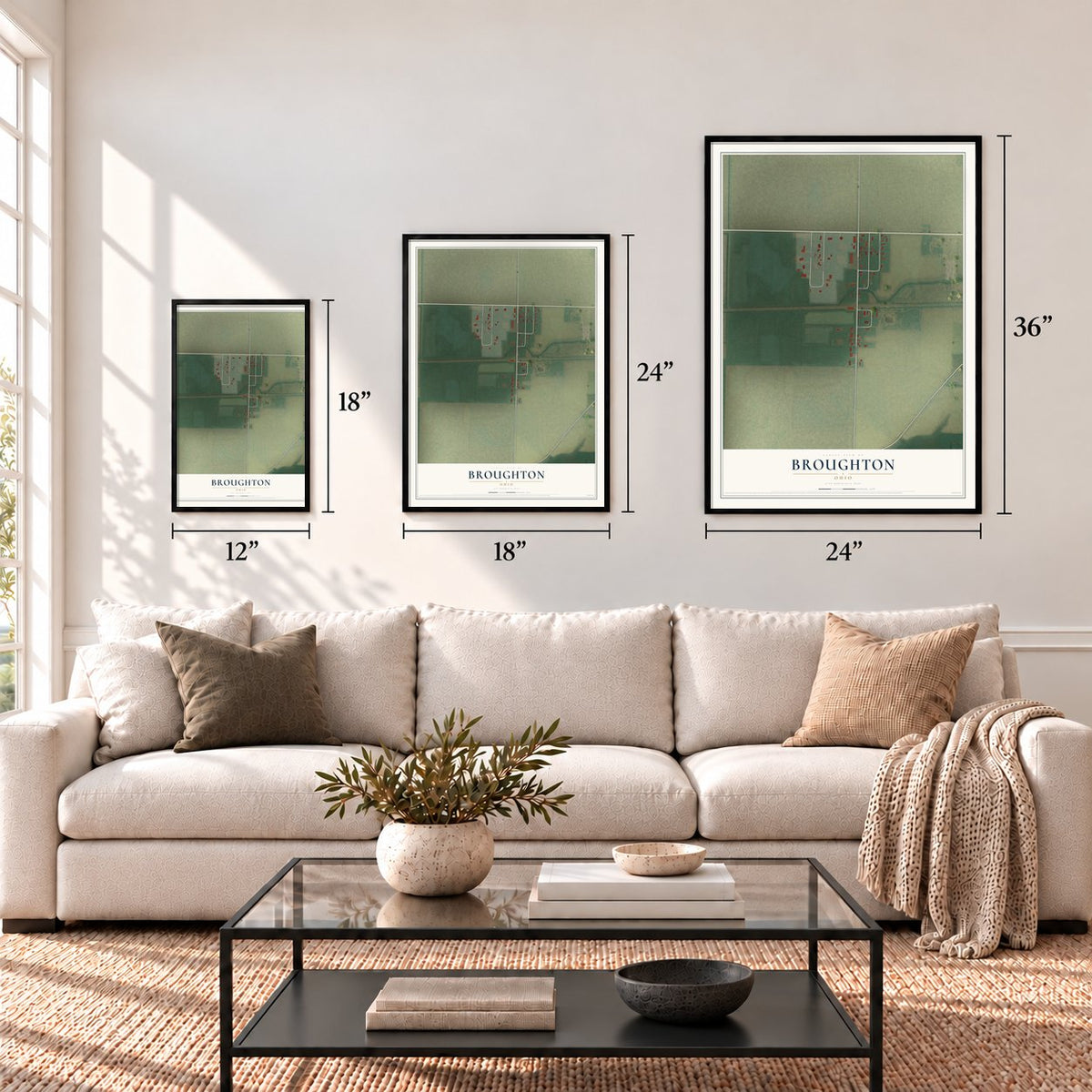 Broughton, Ohio map in 12 x 18, 18 x 24 and 24 x 36 inch sizes above a sofa