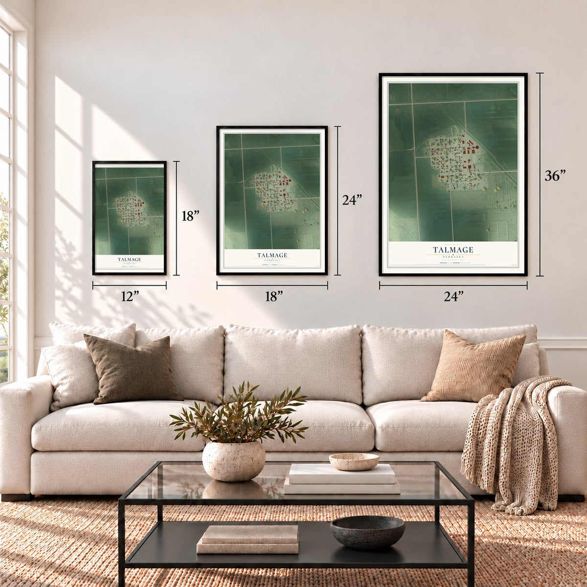 Talmage, Nebraska map in 12 x 18, 18 x 24 and 24 x 36 inch sizes above a sofa
