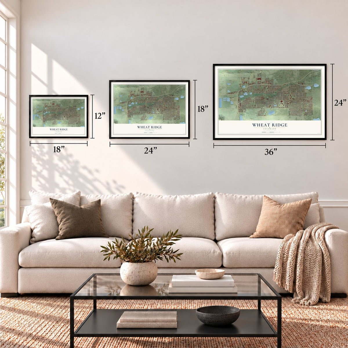 Wheat Ridge, Colorado map in 12 x 18, 18 x 24 and 24 x 36 inch sizes above a sofa