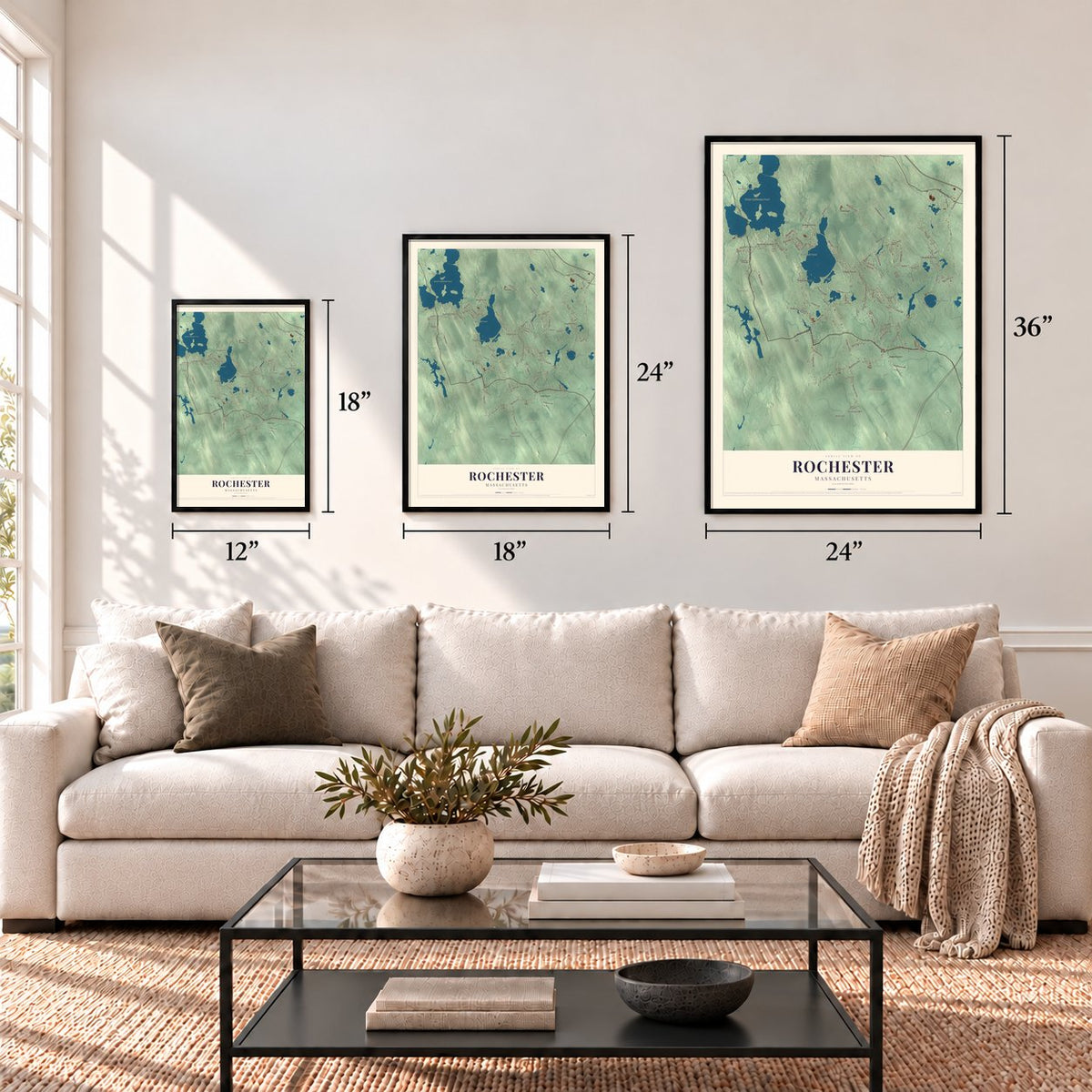 Rochester, Massachusetts map in 12 x 18, 18 x 24 and 24 x 36 inch sizes above a sofa