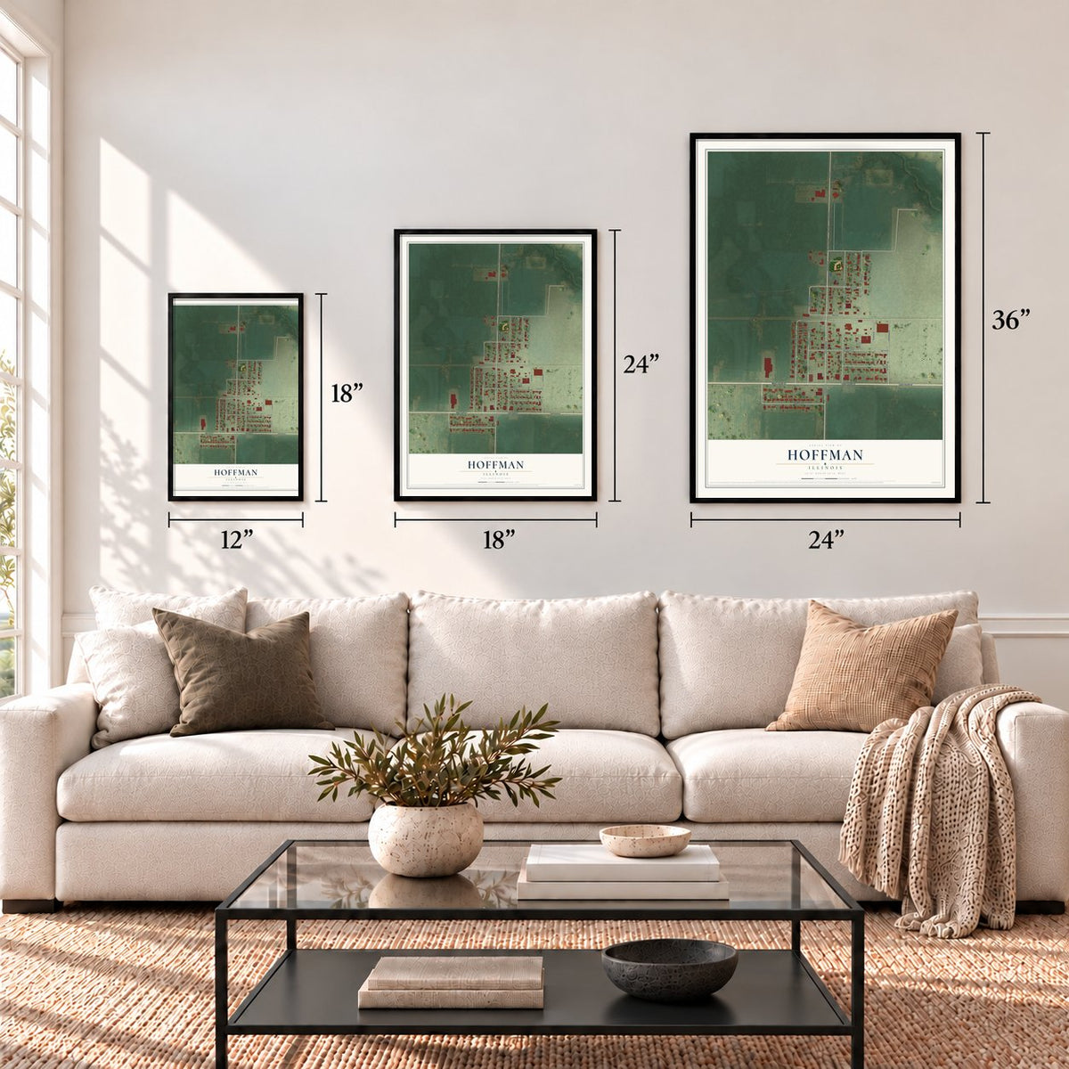 Hoffman, Illinois map in 12 x 18, 18 x 24 and 24 x 36 inch sizes above a sofa