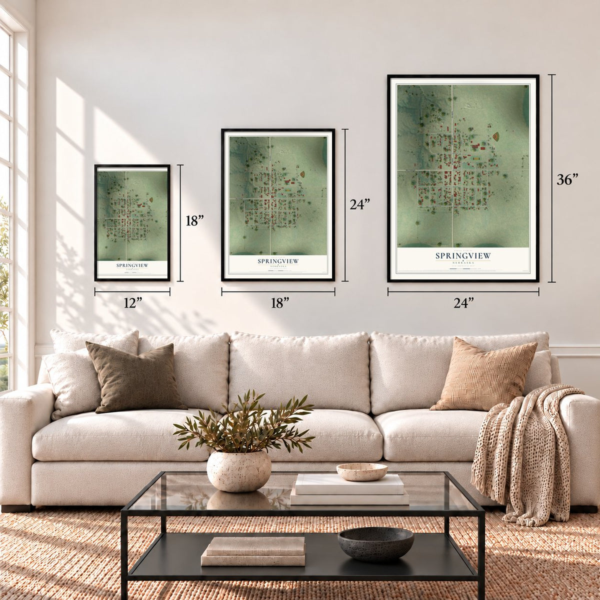 Springview, Nebraska map in 12 x 18, 18 x 24 and 24 x 36 inch sizes above a sofa