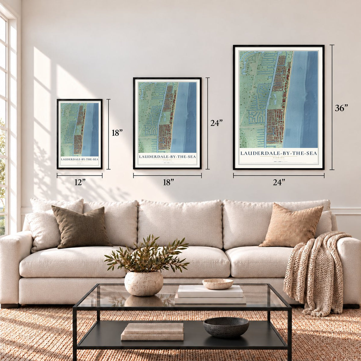 Lauderdale-by-the-Sea, Florida map in 12 x 18, 18 x 24 and 24 x 36 inch sizes above a sofa