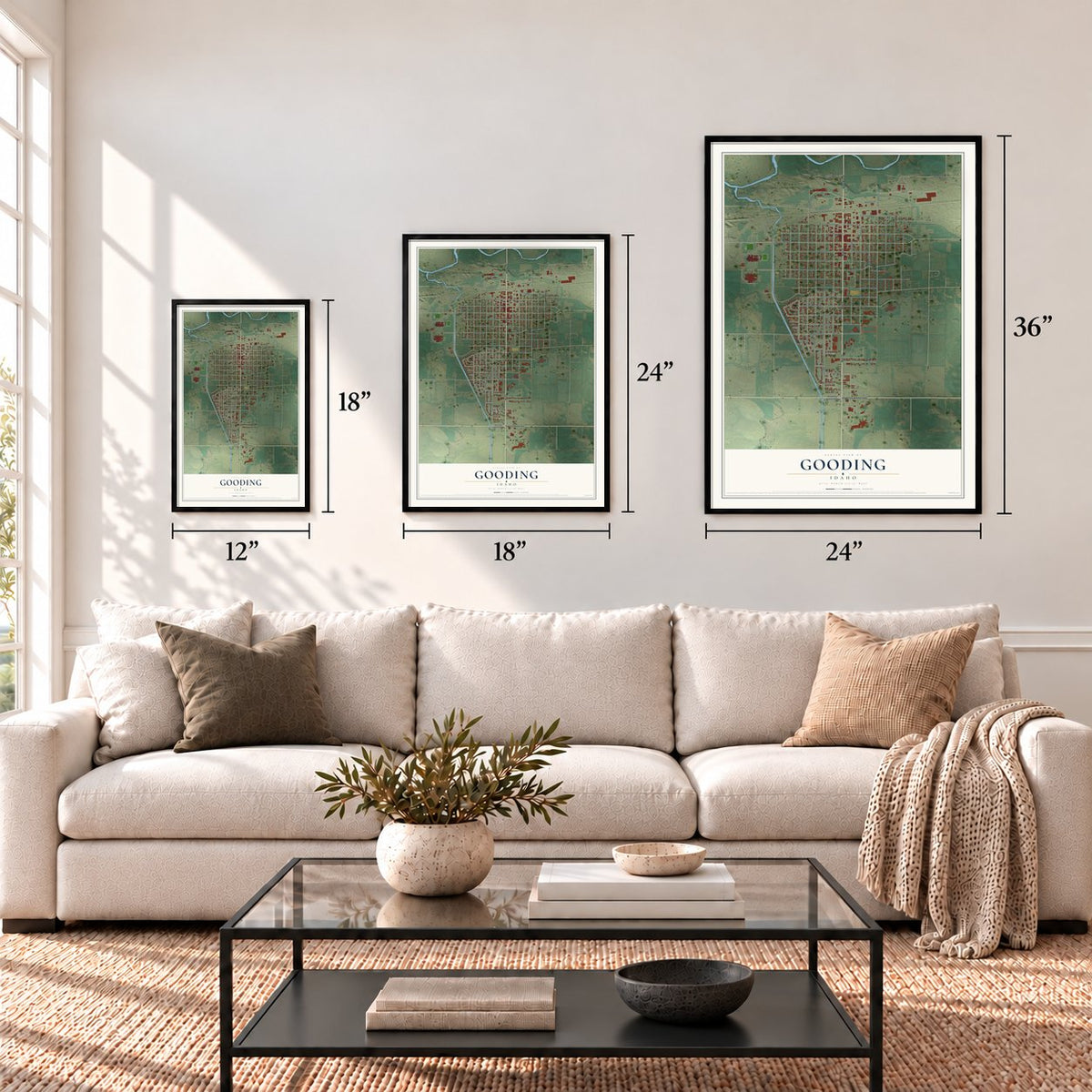 Gooding, Idaho map in 12 x 18, 18 x 24 and 24 x 36 inch sizes above a sofa