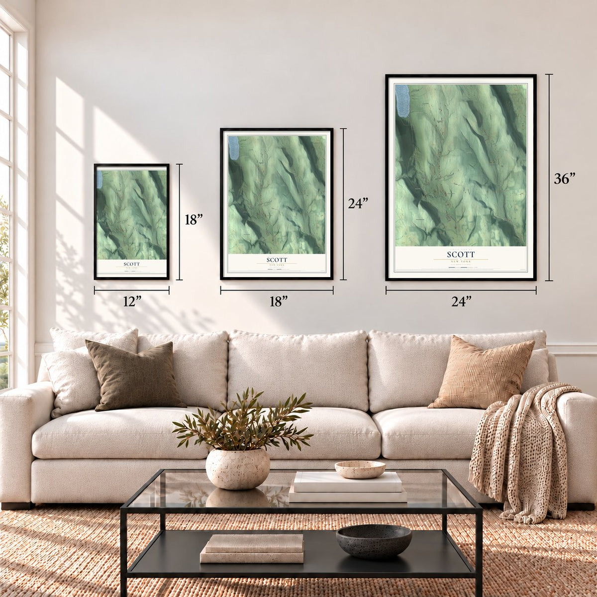 Scott, New York map in 12 x 18, 18 x 24 and 24 x 36 inch sizes above a sofa