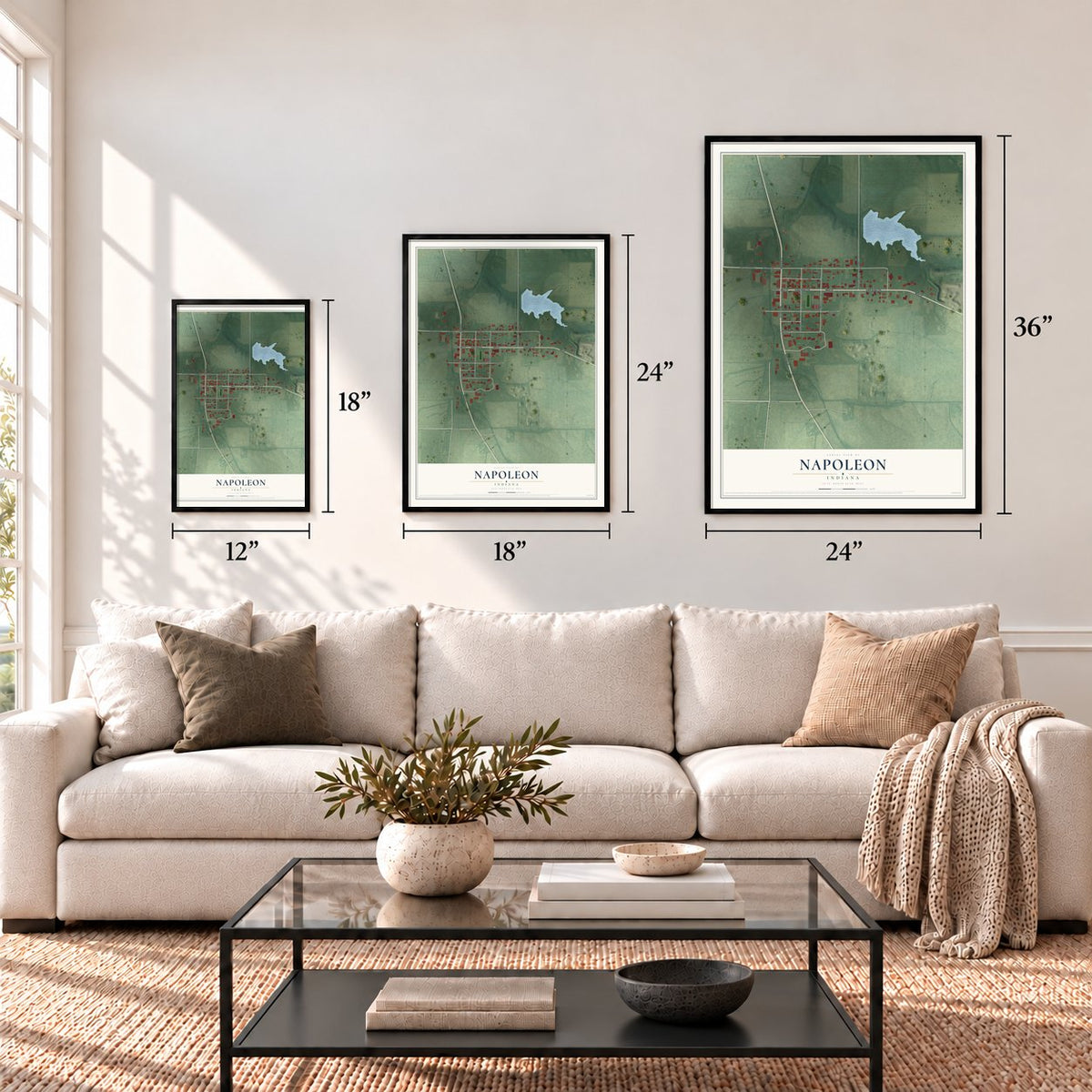 Napoleon, Indiana map in 12 x 18, 18 x 24 and 24 x 36 inch sizes above a sofa
