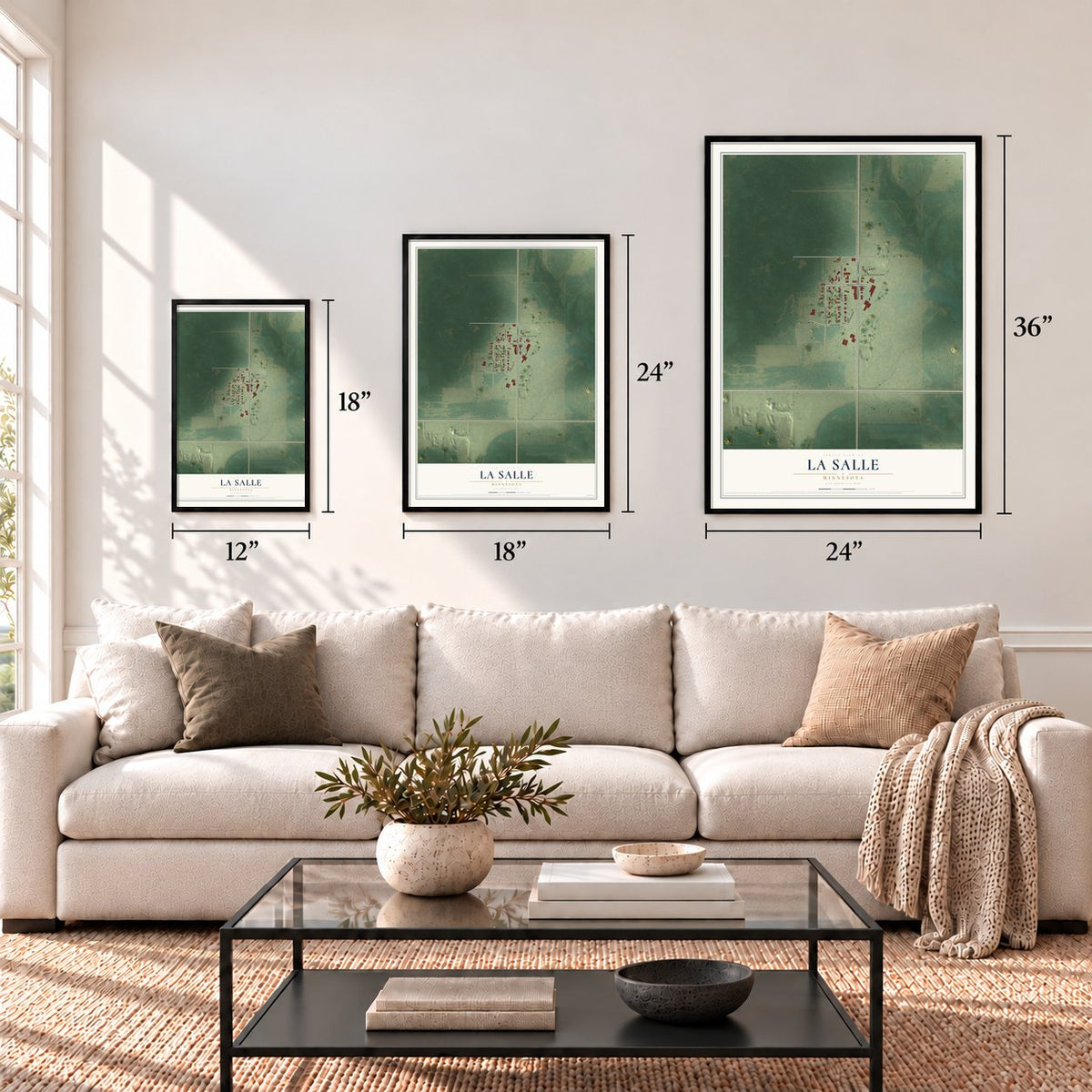 La Salle, Minnesota map in 12 x 18, 18 x 24 and 24 x 36 inch sizes above a sofa