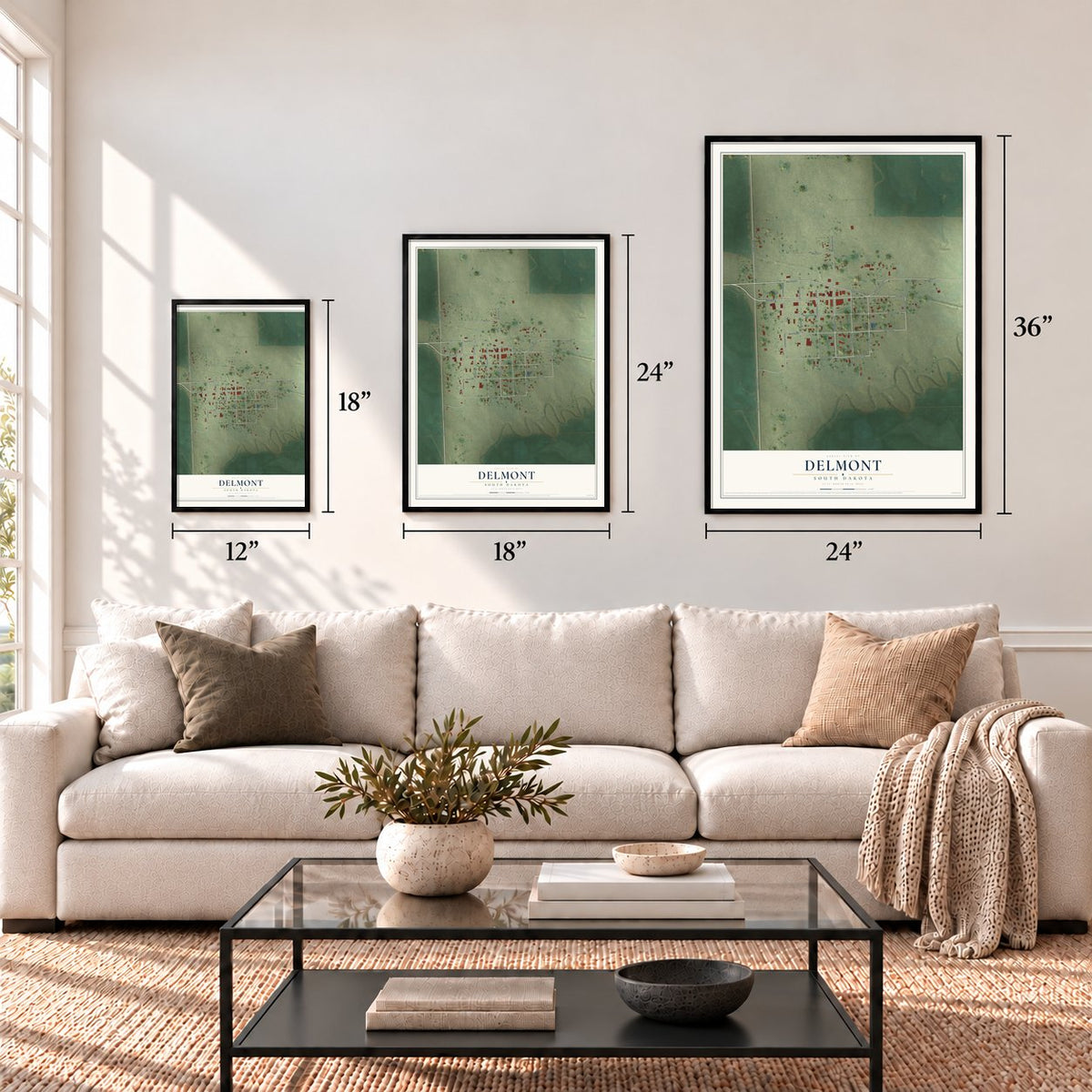Delmont, South Dakota map in 12 x 18, 18 x 24 and 24 x 36 inch sizes above a sofa