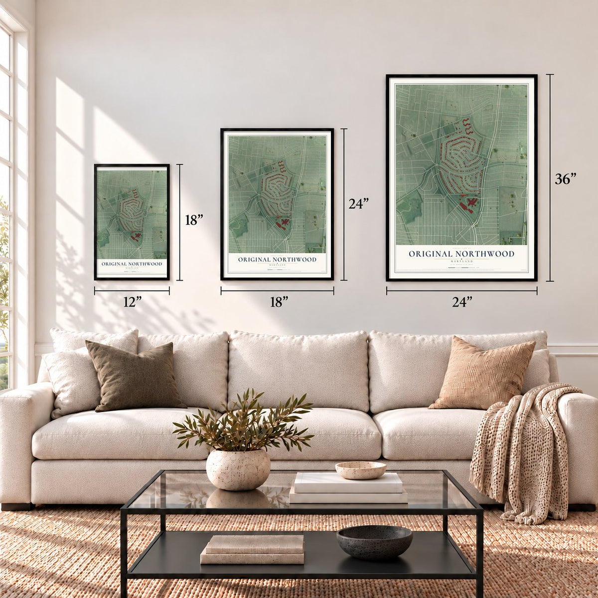 Original Northwood, Maryland map in 12 x 18, 18 x 24 and 24 x 36 inch sizes above a sofa