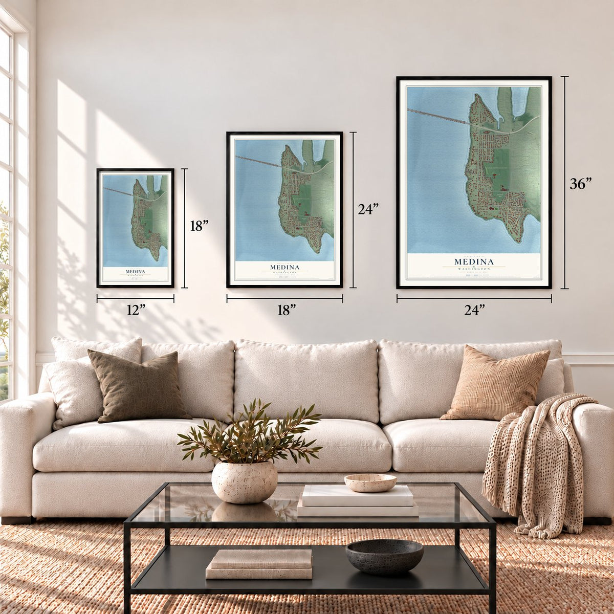 Medina, Washington map in 12 x 18, 18 x 24 and 24 x 36 inch sizes above a sofa