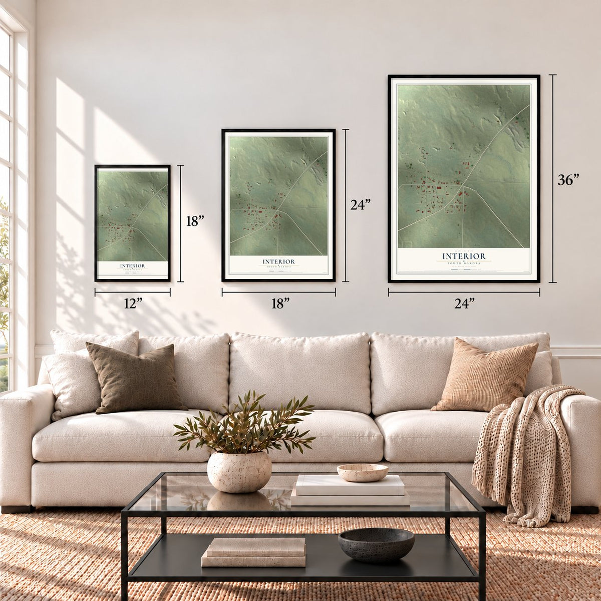Interior, South Dakota map in 12 x 18, 18 x 24 and 24 x 36 inch sizes above a sofa