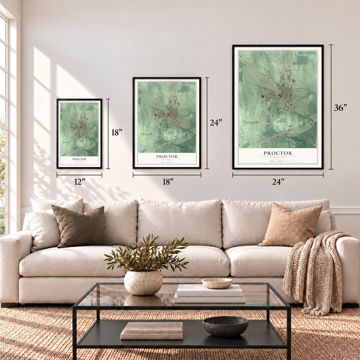 Proctor, Minnesota map in 12 x 18, 18 x 24 and 24 x 36 inch sizes above a sofa