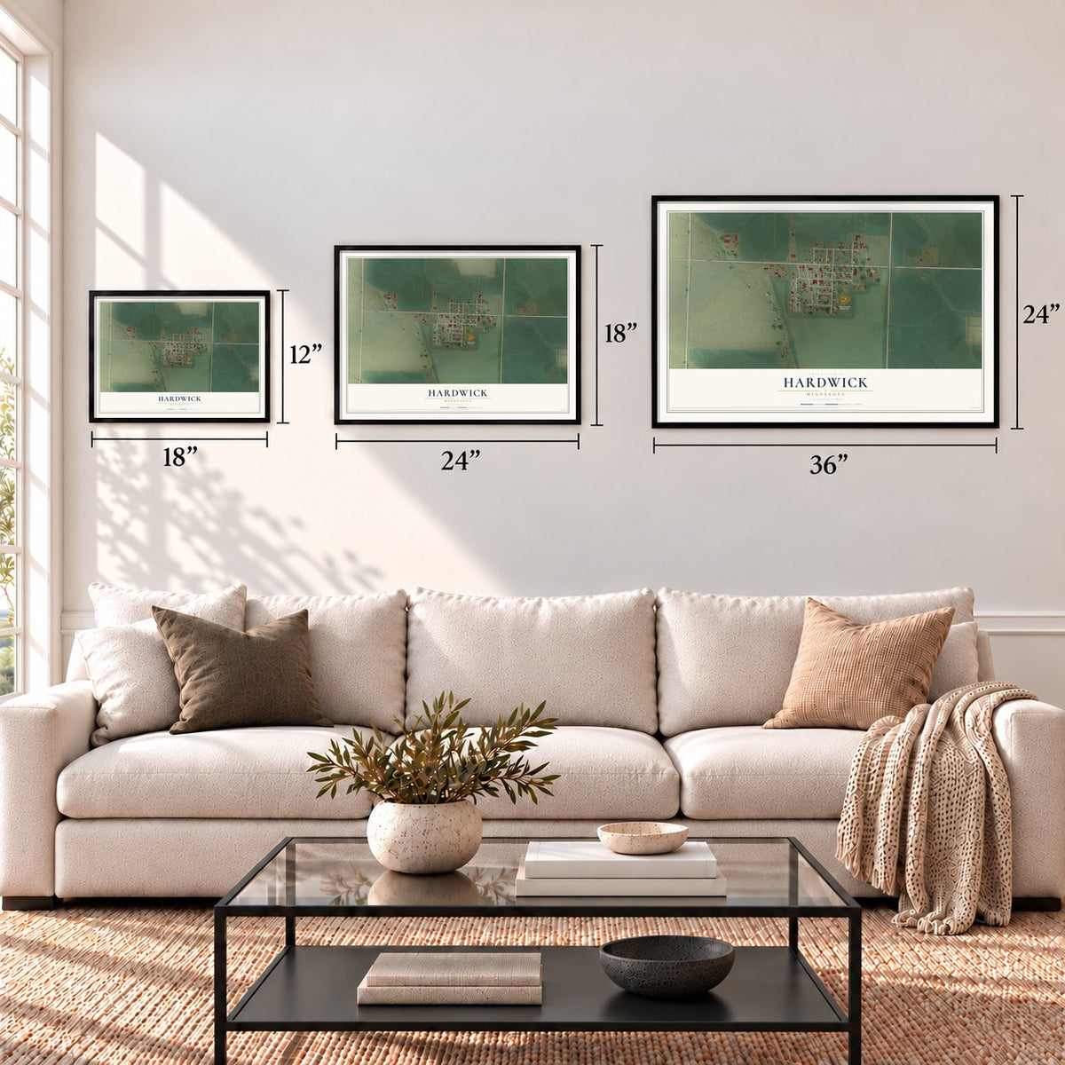 Hardwick, Minnesota map in 12 x 18, 18 x 24 and 24 x 36 inch sizes above a sofa