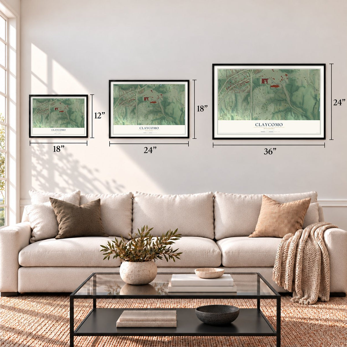 Claycomo, Missouri map in 12 x 18, 18 x 24 and 24 x 36 inch sizes above a sofa