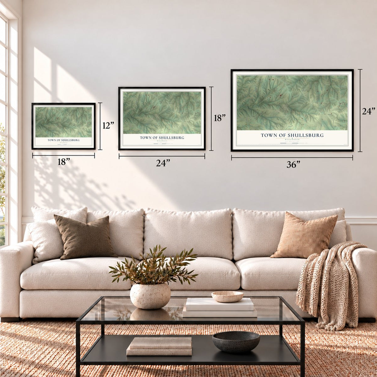 Town of Shullsburg, Wisconsin map in 12 x 18, 18 x 24 and 24 x 36 inch sizes above a sofa