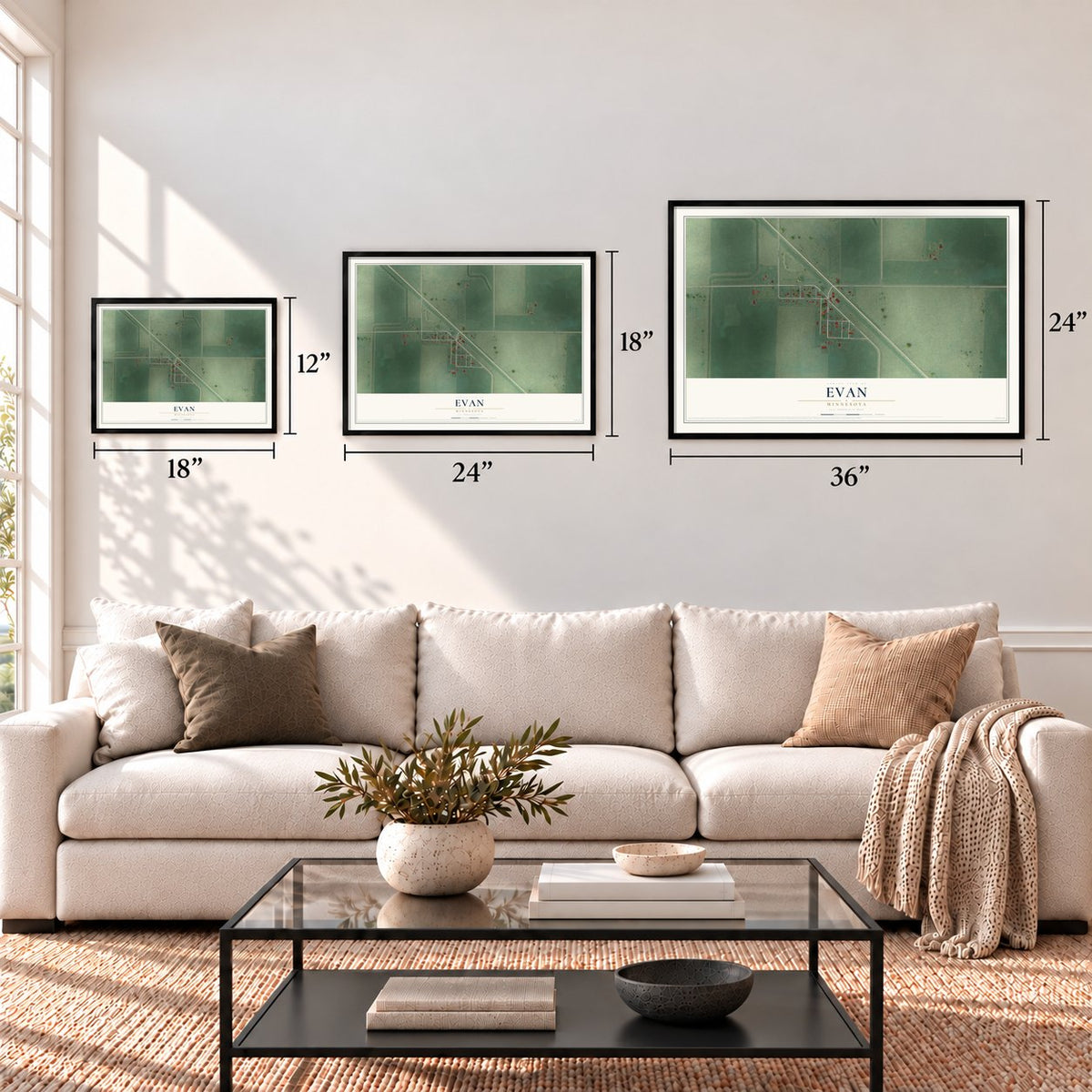 Evan, Minnesota map in 12 x 18, 18 x 24 and 24 x 36 inch sizes above a sofa
