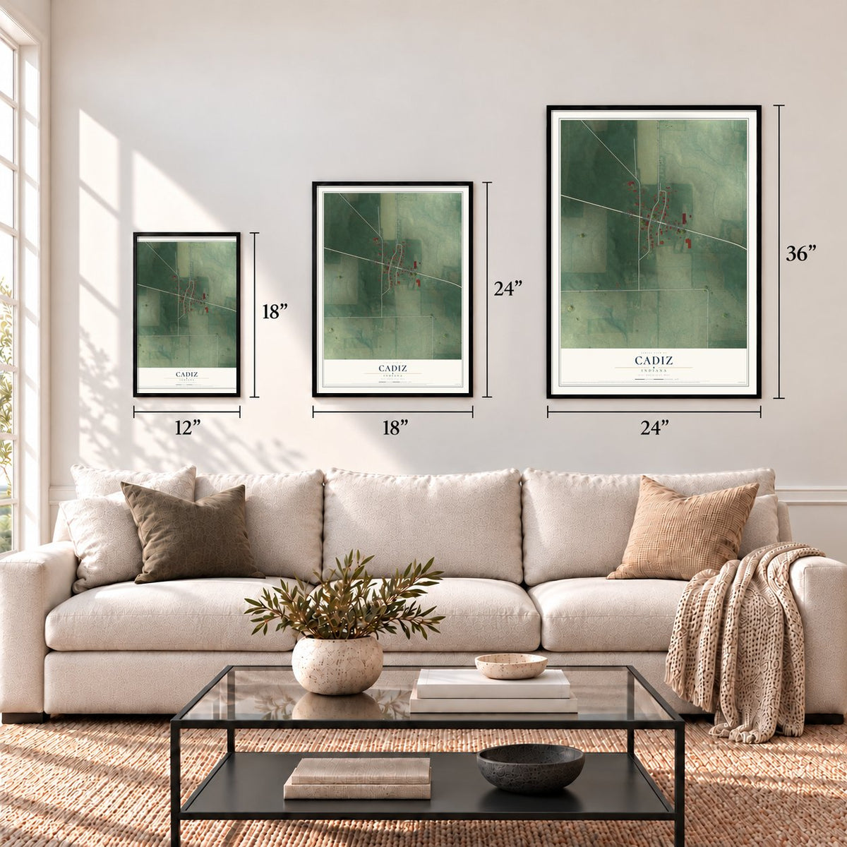 Cadiz, Indiana map in 12 x 18, 18 x 24 and 24 x 36 inch sizes above a sofa