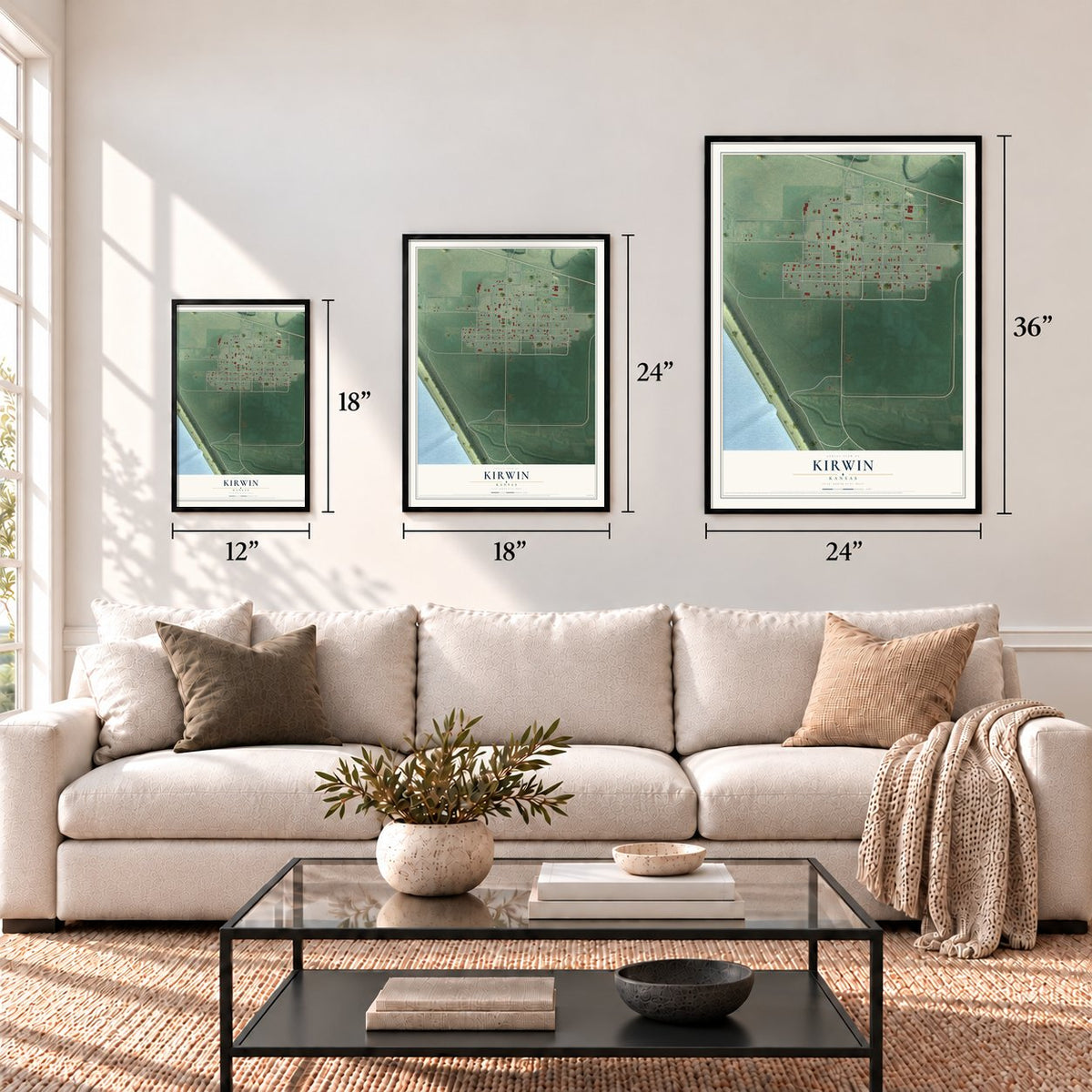 Kirwin, Kansas map in 12 x 18, 18 x 24 and 24 x 36 inch sizes above a sofa