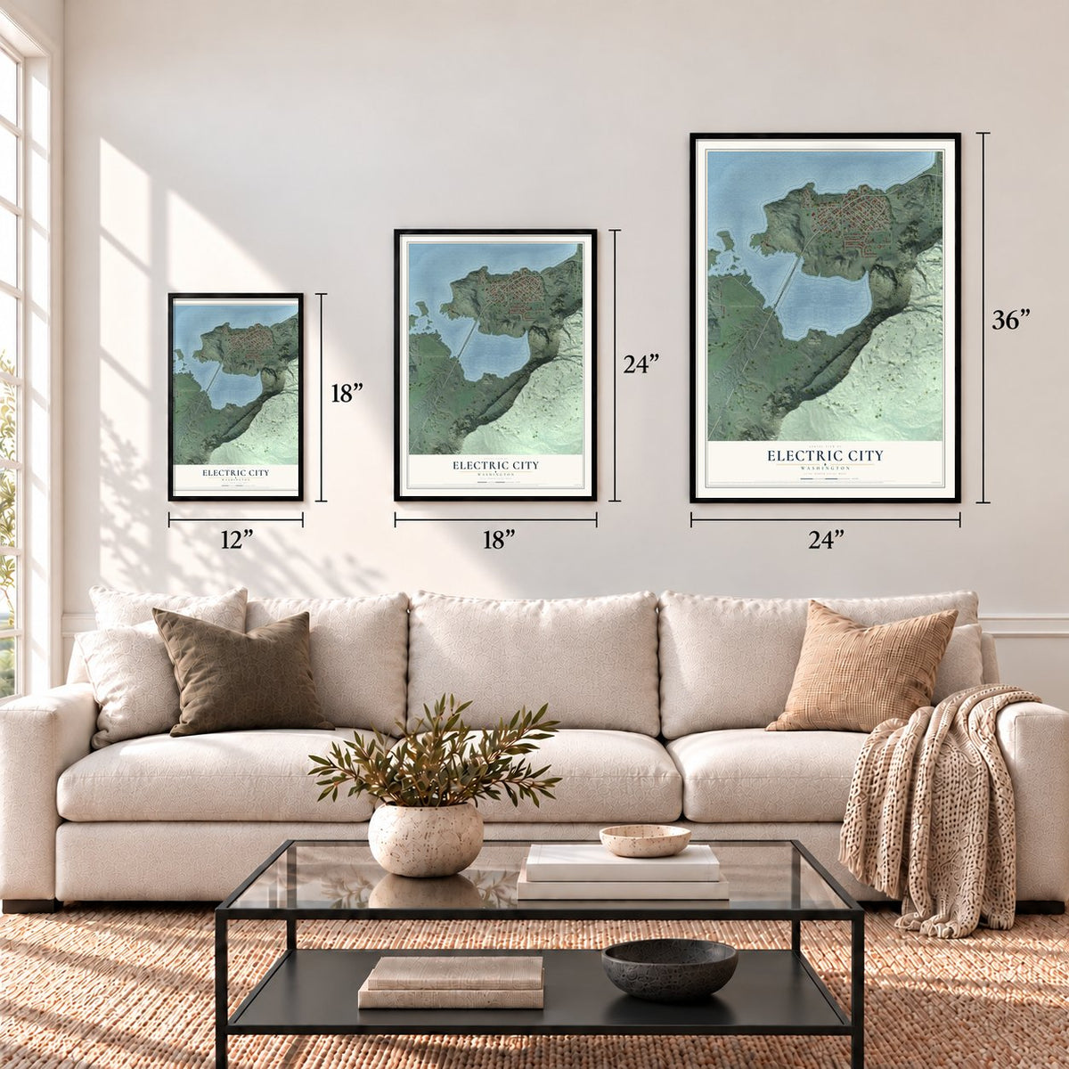 Electric City, Washington map in 12 x 18, 18 x 24 and 24 x 36 inch sizes above a sofa