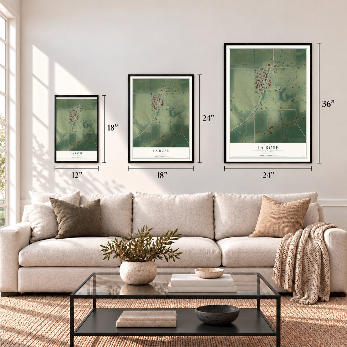 La Rose, Illinois map in 12 x 18, 18 x 24 and 24 x 36 inch sizes above a sofa