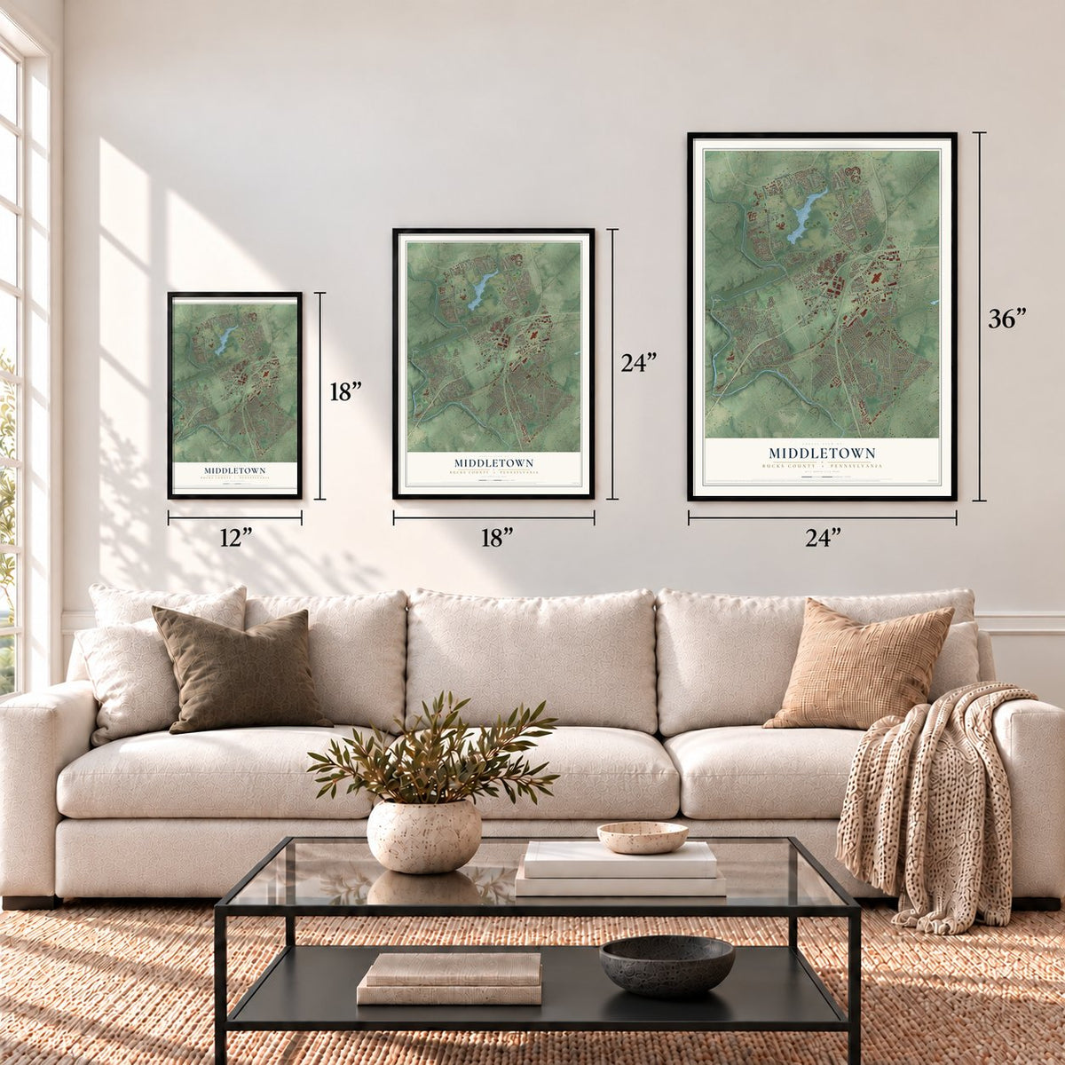 Middletown, Bucks County, Pennsylvania map in 12 x 18, 18 x 24 and 24 x 36 inch sizes above a sofa