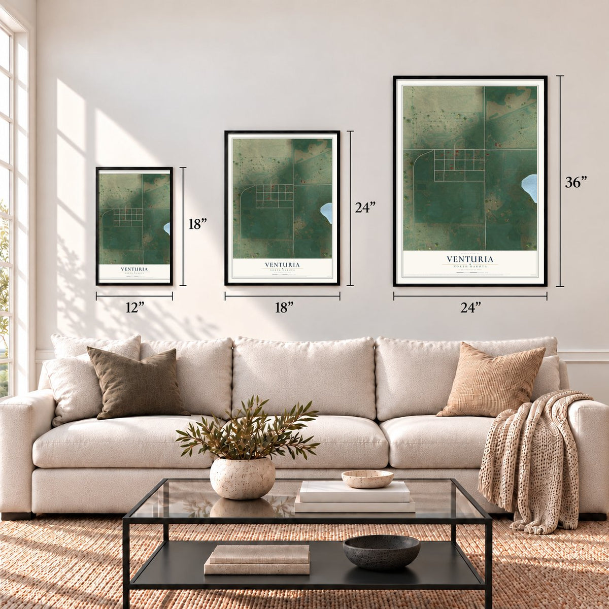 Venturia, North Dakota map in 12 x 18, 18 x 24 and 24 x 36 inch sizes above a sofa