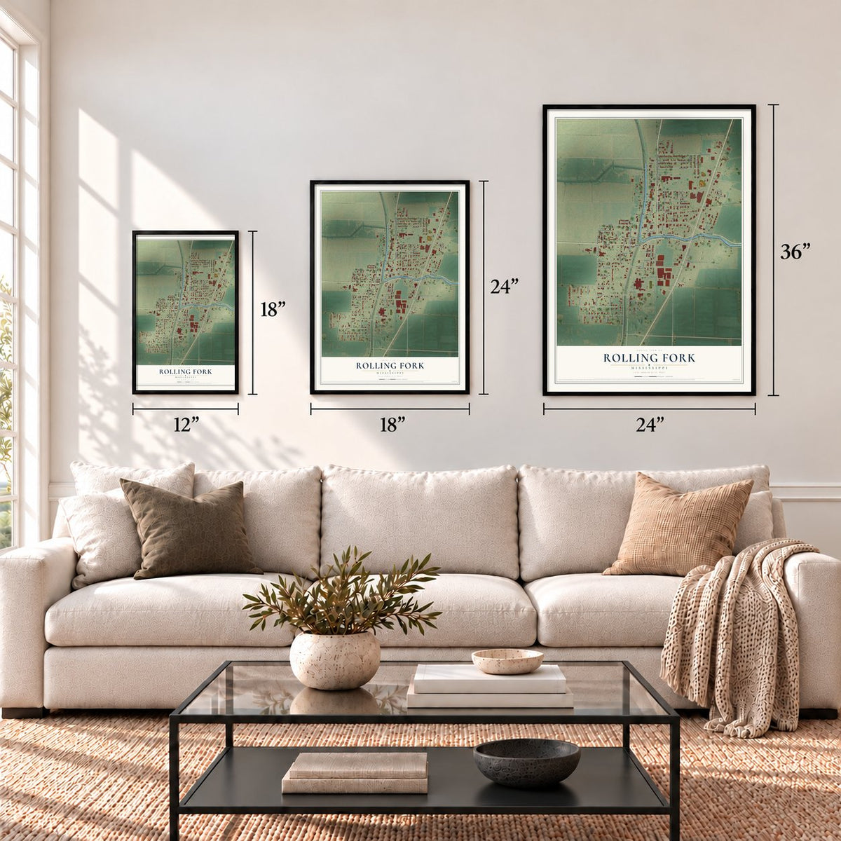 Rolling Fork, Mississippi map in 12 x 18, 18 x 24 and 24 x 36 inch sizes above a sofa