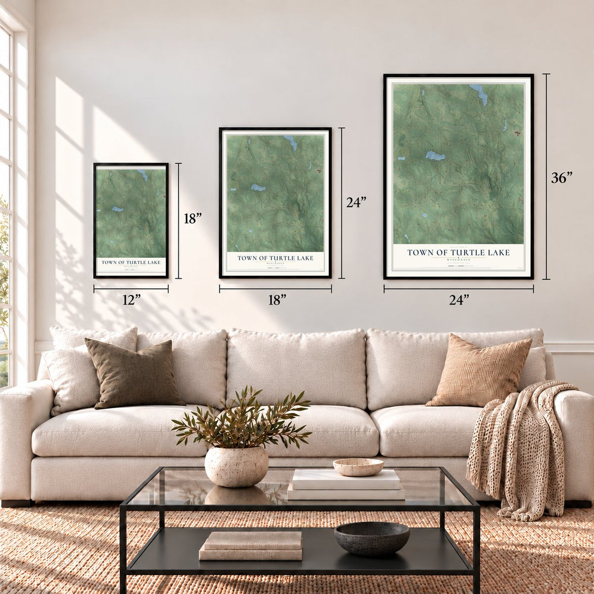 Town of Turtle Lake, Wisconsin map in 12 x 18, 18 x 24 and 24 x 36 inch sizes above a sofa