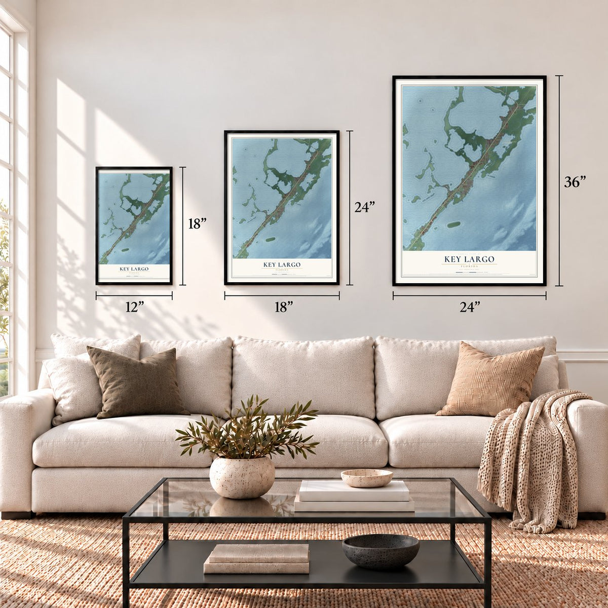 Key Largo, Florida map in 12 x 18, 18 x 24 and 24 x 36 inch sizes above a sofa