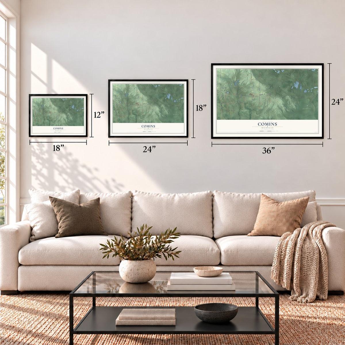 Comins, Michigan map in 12 x 18, 18 x 24 and 24 x 36 inch sizes above a sofa