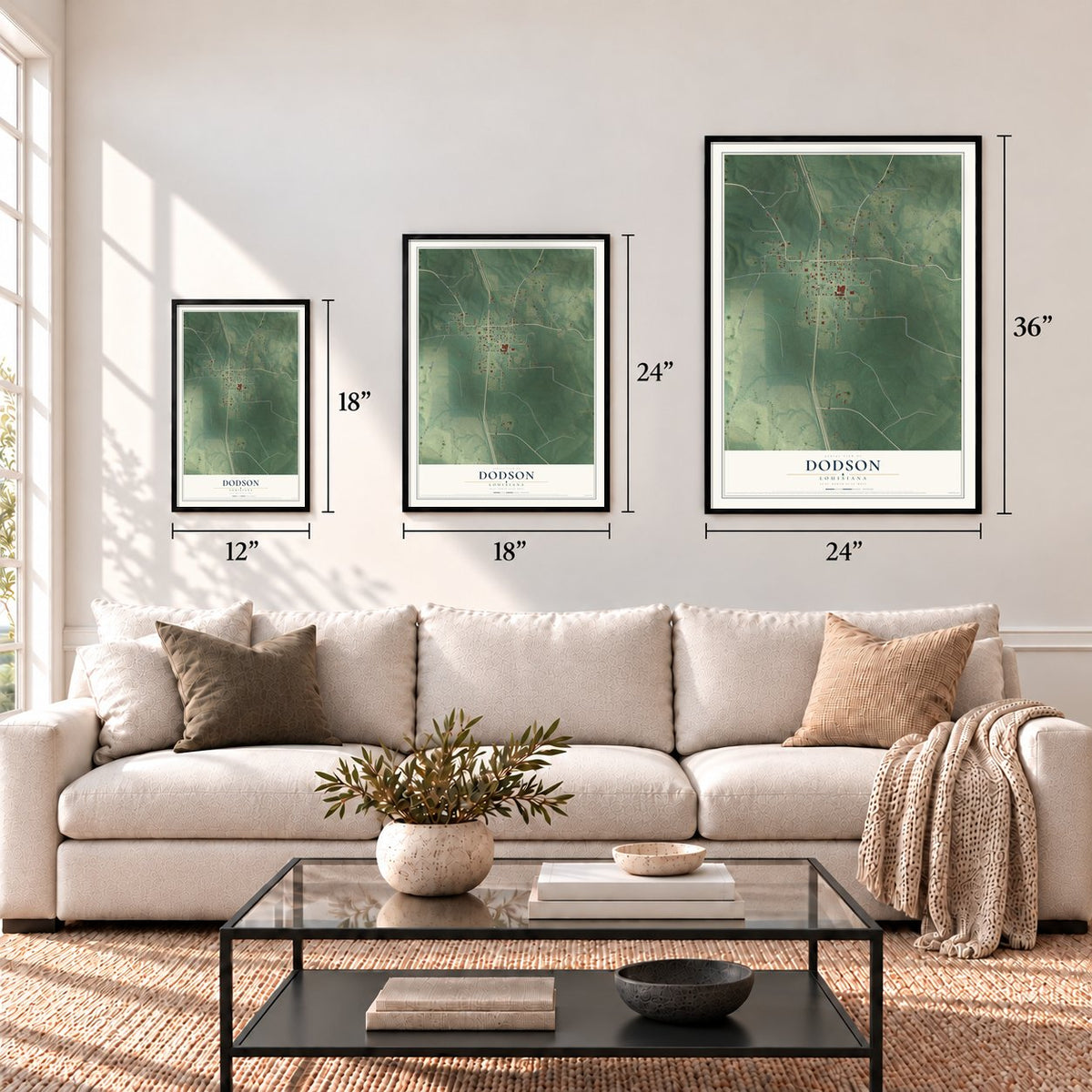 Dodson, Louisiana map in 12 x 18, 18 x 24 and 24 x 36 inch sizes above a sofa