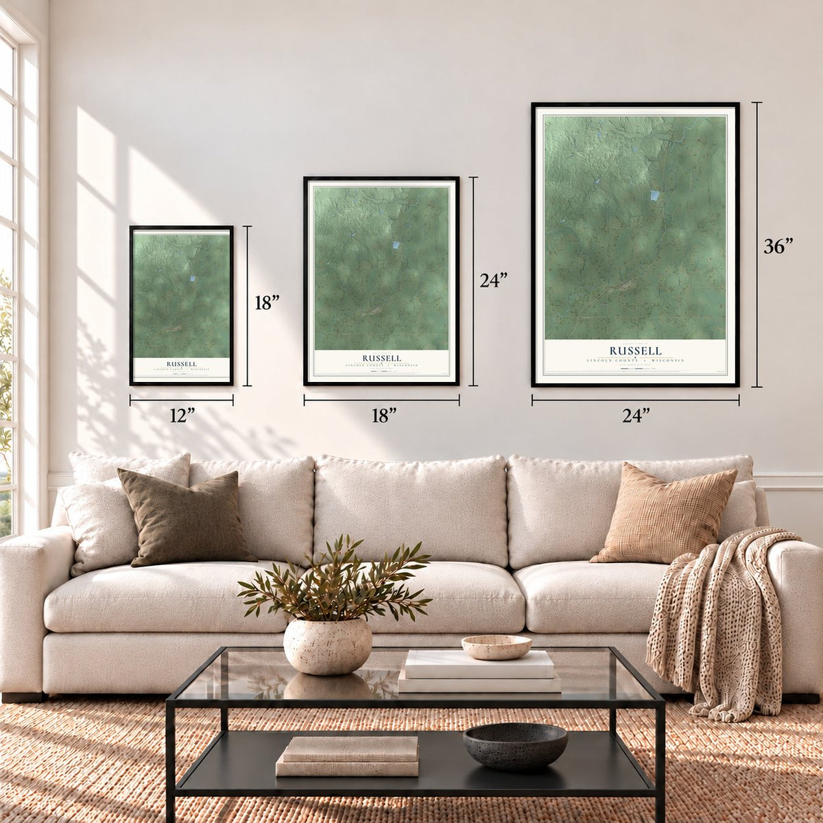 Russell, Lincoln County, Wisconsin map in 12 x 18, 18 x 24 and 24 x 36 inch sizes above a sofa