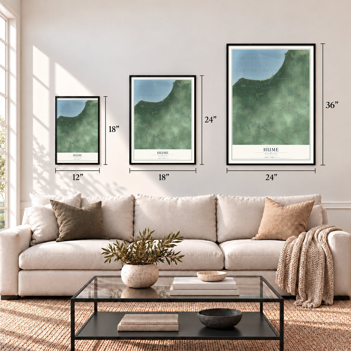 Hume, Michigan map in 12 x 18, 18 x 24 and 24 x 36 inch sizes above a sofa