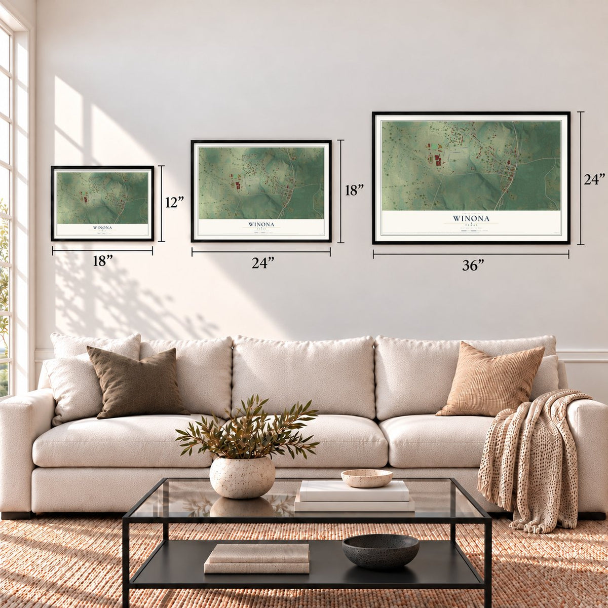 Winona, Texas map in 12 x 18, 18 x 24 and 24 x 36 inch sizes above a sofa